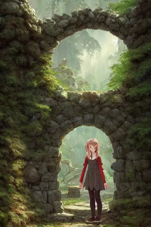 Image similar to a highly detailed matte painting of a teenager with shaggy hair and hip clothes standing in front of a stone gate in the elven forest ruins, by studio ghibli, by artgerm, by wlop, by greg rutkowski, red tones, volumetric lighting, octane render, 4 k resolution, trending on artstation, masterpiece