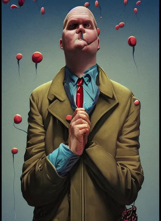 Image similar to poster artwork by Michael Whelan and Tomer Hanuka, Karol Bak of Jim Gaffigan hitman in peacoat chewing bubblegum, from scene from Twin Peaks, clean, simple nostalgic, domestic, norman rockwell