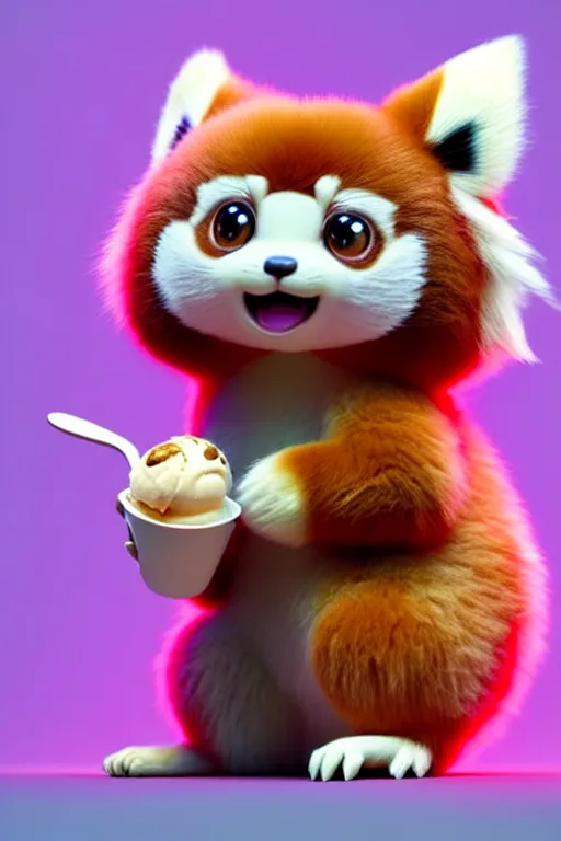 Image similar to high quality 3 d render hyperrealist very cute pastel fluffy! red panda & tarsier hybrid eating giant ice cream full body, vray smooth, in the style of detective pikachu, hannah yata charlie immer, very dramatic pink light, low angle, uhd 8 k, shallow depth or field