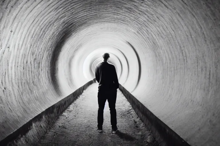 Prompt: a person going through all his memories in a tunnel, dramatic angle