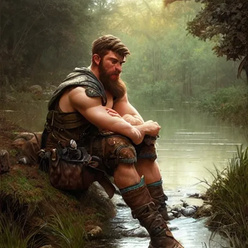 Prompt: young rugged ranger sitting by a stream, muscular thighs, soft smile, D&D, fantasy, intricate, cinematic lighting, highly detailed, digital painting, artstation, concept art, smooth, sharp focus, illustration, art by Artgerm and Greg Rutkowski and Alphonse Mucha