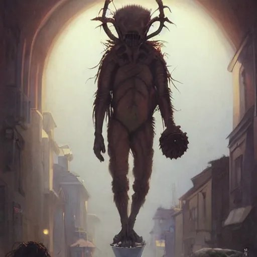 Prompt: an humanoid strange creature from carpenter the thing and alien and gremlins is walking in a street with a icecream, painting by gustave courbet and greg rutkowski, peter mohrbacher, joseph christian leyendecker, studio ghibli, nice afternoon lighting, smooth tiny details, soft and clear shadows, low contrast, perfect