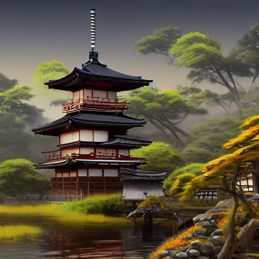 Image similar to samurai ninja japanese homes landscape digital art, ultrarealistic, irina french, heraldo ortega, mandy jurgens hajime sorayama greg rutkowski trending on artstation masterpiece golden ratio 8 k 1 5 0 mpx