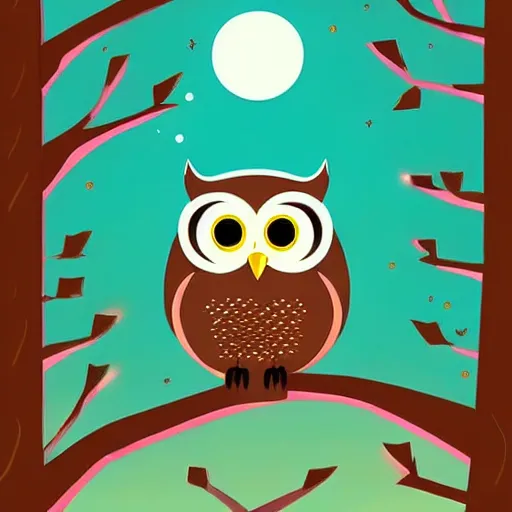 Image similar to a cute cartoon picture of an adorable owl of athena!! next to a a jar of fireflies! in the woods, a storybook illustration by arabella rankin and nyuju stumpy brown, behance contest winner, context art, storybook illustration, pop surrealism, nightscape, digital illustration