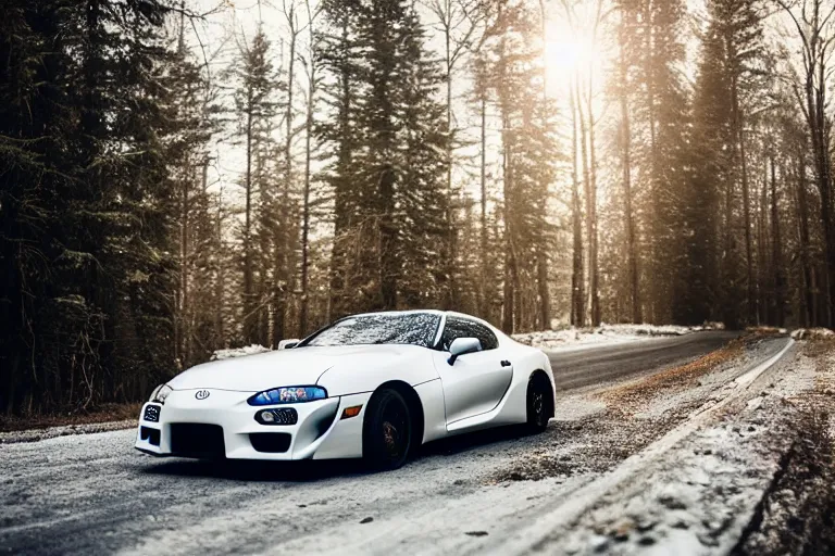 Image similar to A Toyota supra parked in a road with trees, Winter season, Epic photography, taken with a Canon DSLR camera, 50 mm, depth of field