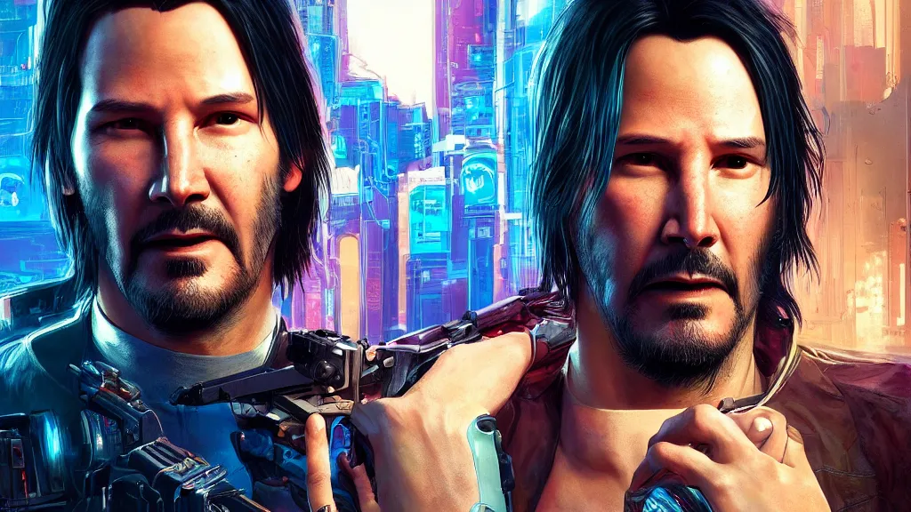 Prompt: a cyberpunk 2077 srcreenshot couple portrait of a Keanu Reeves holding a female androids,love,film lighting,by Laurie Greasley,Lawrence Alma-Tadema,Dan Mumford,John Wick,Speed,Replicas,artstation,deviantart,FAN ART,full of color,Digital painting,face enhance,highly detailed,8K,octane,golden ratio,cinematic lighting