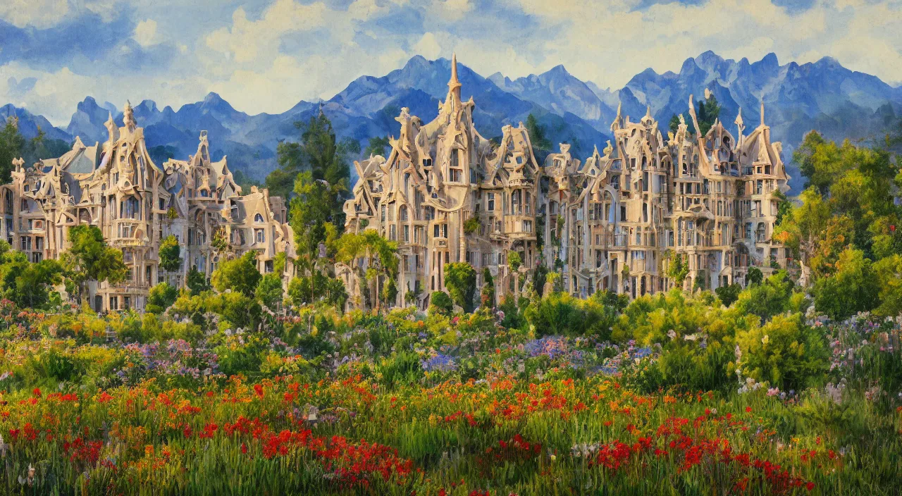 Image similar to a landscape painting of a manor designed by Antoni Gaudí, with flower fields as foreground, with mountains as background, trending on artstation