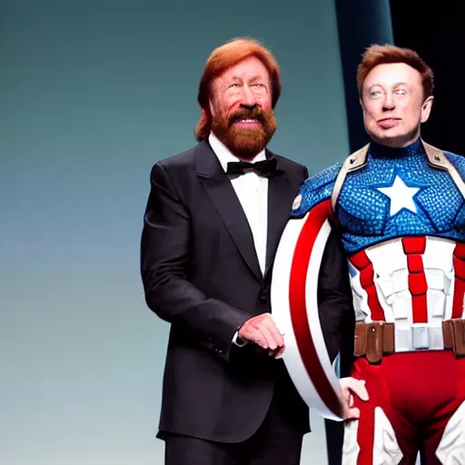 Prompt: uhd hyperdetailed candid photo of cosmic chuck norris dressed as captain america, wearing extremely intricate costume. elon musk presenting an award. photo by annie leibovitz