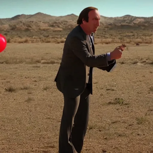 Prompt: saul goodman throwing dart at red ballon, still from better call saul