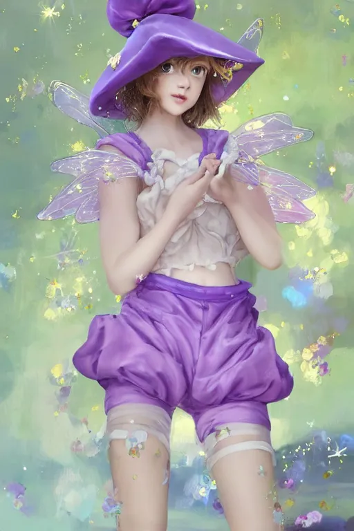 Image similar to Full View fairy maiden with short blond hair wearing an oversized purple Beret, Baggy Purple overall shorts, Short Puffy pants made of silk, silk shoes, a big billowy scarf, Golden Ribbon, and white leggings Covered in stars. covered in embroidery. Short Hair. peasant magic. masterpiece 4k digital illustration by Ruan Jia and Mandy Jurgens and Artgerm and william-adolphe bouguereau, award winning, Artstation, art nouveau aesthetic, Alphonse Mucha background, intricate details, realistic, panoramic view, Hyperdetailed, 8k resolution, intricate art nouveau