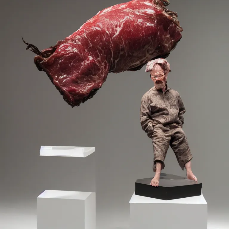 Prompt: hyperrealistic portrait sculpture of a walter white made of dry - aged wagyu beef on a pedestal by ron mueck and duane hanson and lee bontecou, hyperrealistic dramatic colored lighting trending on artstation 8 k