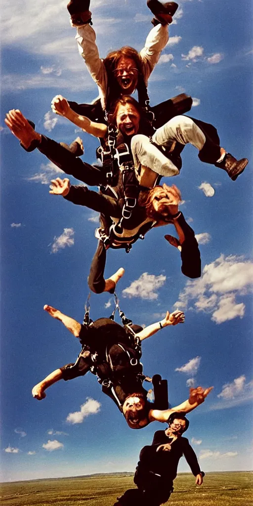 Image similar to a skydiving falling happy screaming old man, long hair, arching, jumping, national cheographic, by annie leibovitz