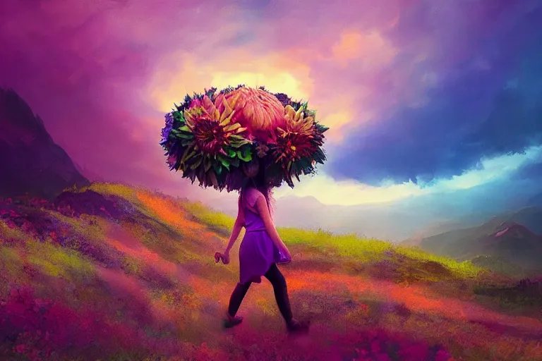 Image similar to giant dahlia flower crown under head, girl walking on mountain, surreal photography, colorful storm clouds, dramatic sunset, impressionist painting, digital painting, artstation, simon stalenhag