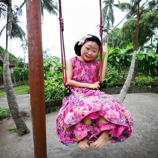 Image similar to A girl in a peony dress swings on a flower swing in Bali, style of Guo Hua