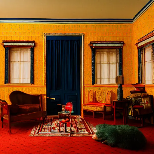 Image similar to wes anderson style interior, vermeer lighting, imax 4 0 mm anamorphic lens, kodak vision 3 2 0 0 t 5 2 1 3 1 2 8 0 x 8 0 4