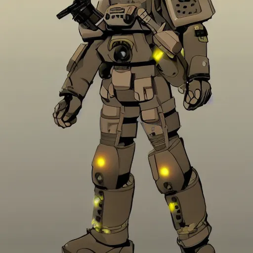 Image similar to Anime military bombsuit protagonist with light brown hair and brown eyes, Key Still, character design, full body shot