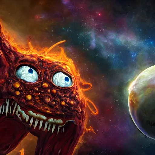 Image similar to one eldritch horror bloody garfield in space, galaxy, hd, 8 k, giant, epic, realistic photo, unreal engine, stars, prophecy, powerful, cinematic lighting, destroyed planet, debris, violent, sinister, ray tracing, dynamic, print, epic composition, dark, horrific, teeth, grotesque, scary, monochrome drawing