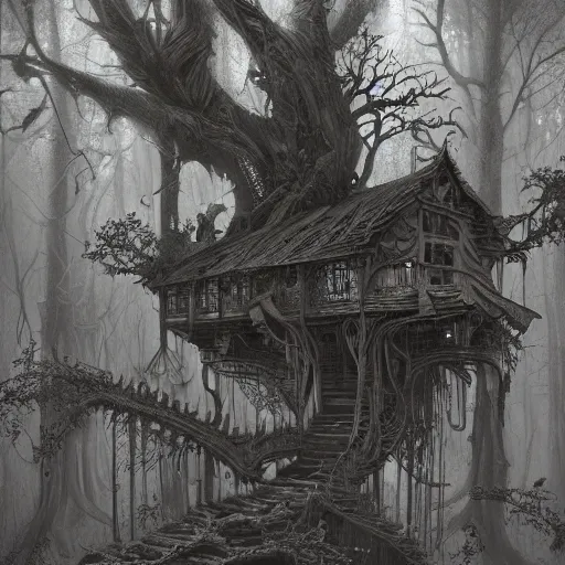 Image similar to dilapidated broken down treehouse, tucked within the witchwood forest, evil fairies, overgrown, detailed intricate ink illustration, dark atmosphere, detailed illustration, hd, 4k, digital art, overdetailed art, concept art, by greg rutkowski, by loish, complementing colors, Trending on artstation, deviantart