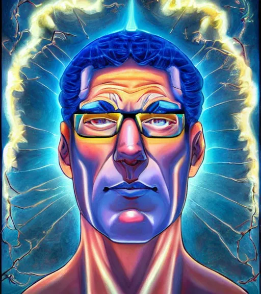 Image similar to symmetry, hank hill wearing a white tshirt, the god of propane's blue flames, blue fire, art by mike judge, art by josephine wall, art by amanda sage, art by huang guangjian, art by viktoria gavrilenko, trending on artstation,