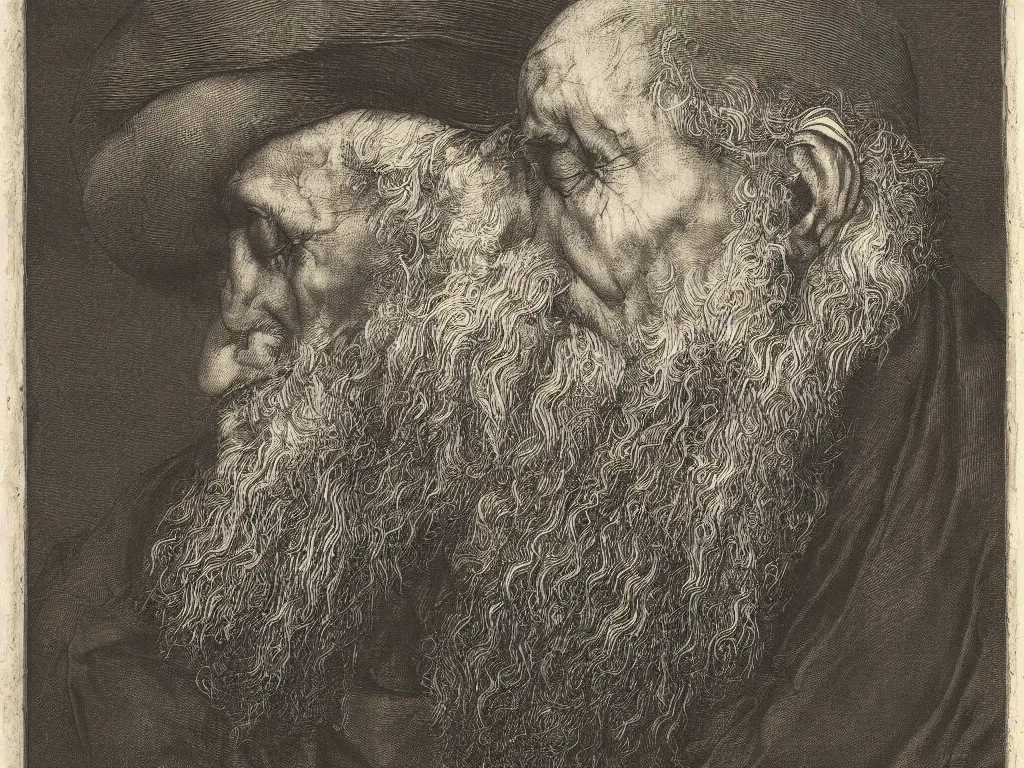 Image similar to profile portrait of the head of an old man eating bread. copper engraving by albrecht durer, august sander
