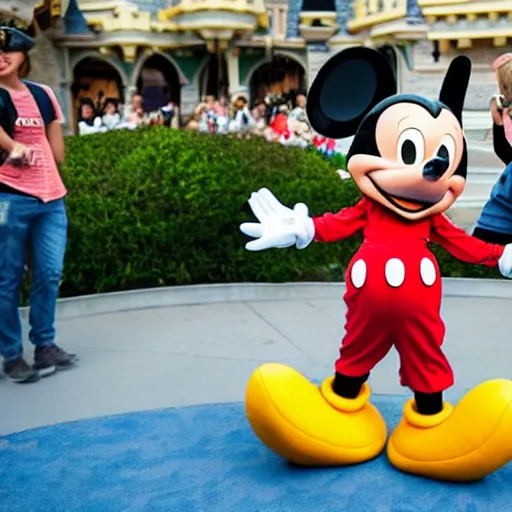 Image similar to the Mickey Mouse character at Disneyland taking off his costume, and it's actually Donald Duck underneath