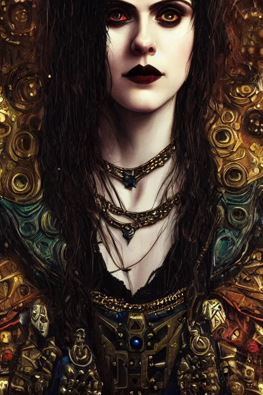 Image similar to portrait of beautiful gothic Alexandra Daddario, cyberpunk, Warhammer, highly detailed, artstation, illustration, art by Gustav Klimt