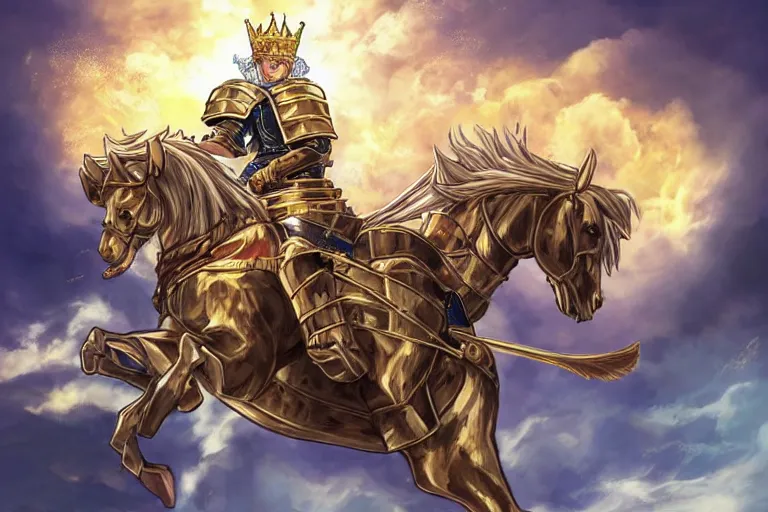 Image similar to an ultra detailed portrait of king richard the lionhearted as a paladin shonen anime protagonist charging into battle wearing bright gold armor and riding a horse blessed by god, epic anime fantasy, 8 k, volumetric lighting, smooth, highly detailed, digital illustration, art by kentaro miura and akira toriyama and artgerm