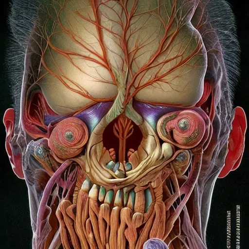 Image similar to nightmare etherreal iridescent vascular nerve bundles pearlescent spinal chord horror by naoto hattori, zdzislaw, norman rockwell, studio ghibli, anatomical cutaway