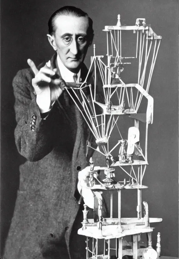 Image similar to marcel duchamp holding up a chess - piece wire - machine, a surrealist painting by marcel duchamp, complex artificial - intelligence machinery, flickr contest winner, studio portrait, 1 9 2 0 s