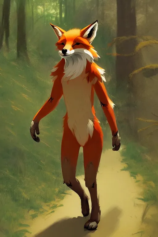 Image similar to anthro digitigrade natural - colored cartoon fox person, walking upright in a forest, greg rutkowski, gregory manchess