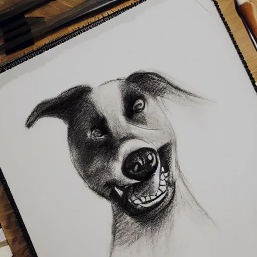 Prompt: expressive charcoal sketch of a happy dog