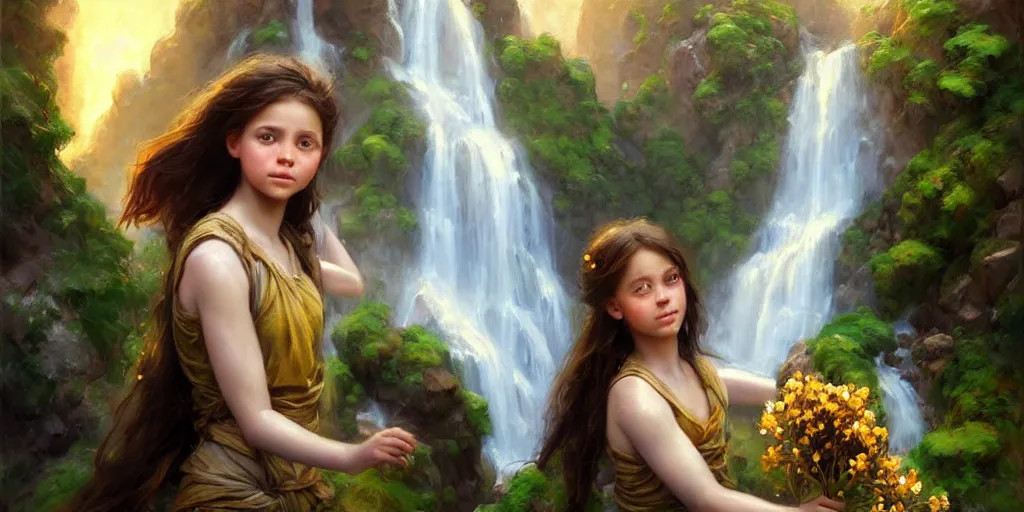 Image similar to hyperrealist portrait of a girl offers a bouquet of flowers to the ancient god of salt, gold and myrrh in a natural landscape with a huge waterfall behind. by daniel f. gerhartz, fantasy art, photo realistic, dynamic lighting, artstation, poster, volumetric lighting, very detailed faces, 4 k, award winning