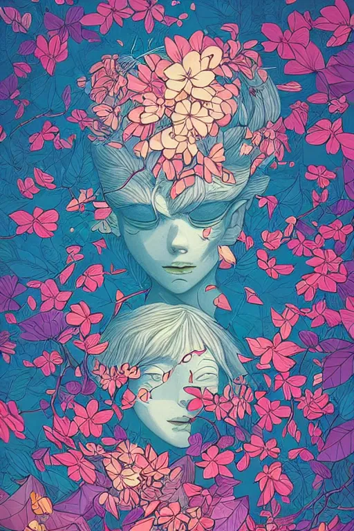 Prompt: night sky full of flowers, floating details, leaves by miyazaki, colorful palette illustration, kenneth blom, mental alchemy, james jean, pablo amaringo, naudline pierre, contemporary art, hyper detailed