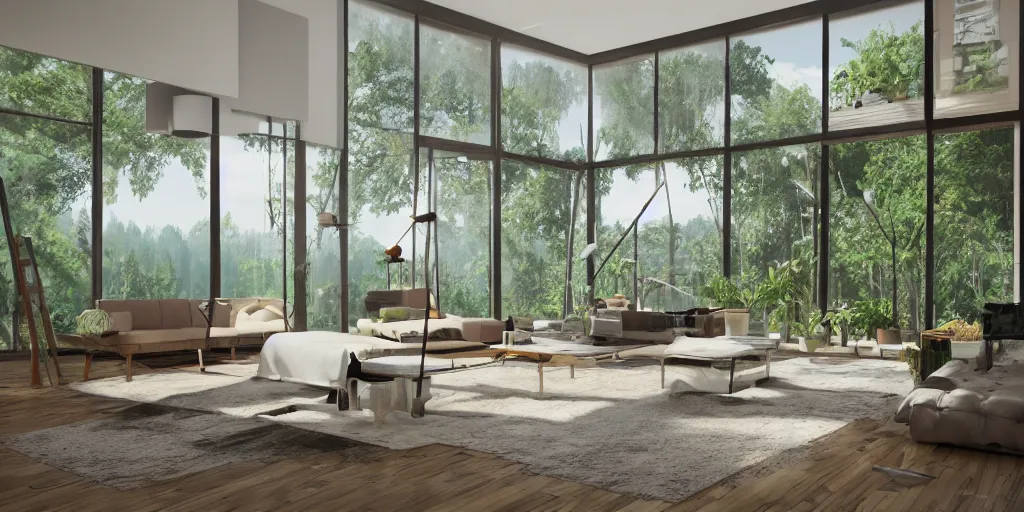 Image similar to a beautiful modern living room with wood floors, large windows with a beautiful view, an area rug, plants, forest, mountains, realistic, hd, 8 k, digital rendering, unreal engine, blender, octane, maya