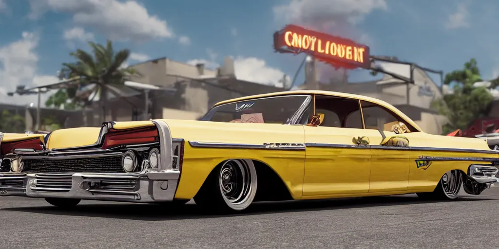 Image similar to highly detailed photo of an award winning lowrider, cruising at a car show, car bounce, air suspension, fan girls, 8 k, octane render, unreal engine, ue 5, photoshop, maya, ray tracing