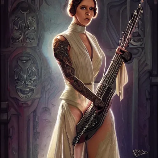 Image similar to princess Leia as a slayer guitar player, heavy tattoos, artstation, intricate, elegant, highly detailed, centered, digital painting, concept art, smooth, sharp focus, illustration, art by artgerm and donato giancola and Joseph Christian Leyendecker, Ross Tran, WLOP