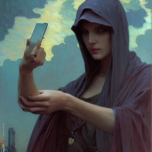 Prompt: cinematic scene of Death taking a selfie, modern, mucha, colorful, by Michael Whelan, William Adolphe Bouguereau, and Donato Giancola, highly rendered, beautiful, cyberpunk, moody lighting, glowing light and shadow, atmospheric, 8K