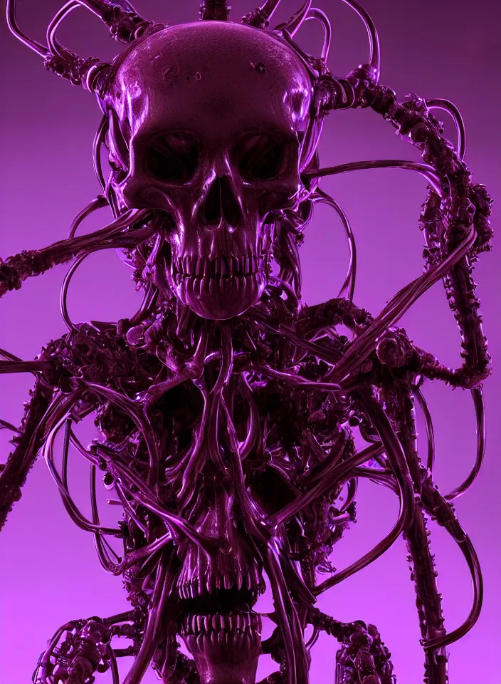 Prompt: techno-biological baphomet cyber punk skull, consisting of tumors, capillaries, veins, muscles, iron, machinery, bones, corrvolumesugated thin pipes, kidneys, wires. Biopunk, bodyhorror, extremely high detail, cinema 4d cinematic , glowing purple, vibrant red 8k