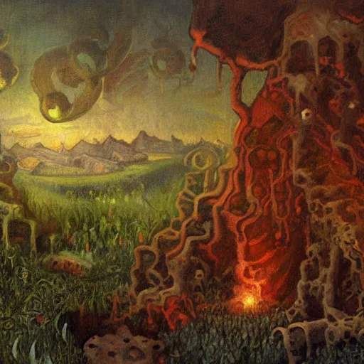 Image similar to wall of flesh from terraria, oil on cavas, 1 8 9 0 s painting