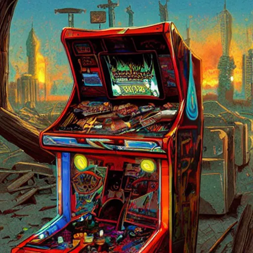 Prompt: arcade cabinet sitting in ruins by greg hildebrandt, marc simonetti and jeffrey smith, vibrant colors