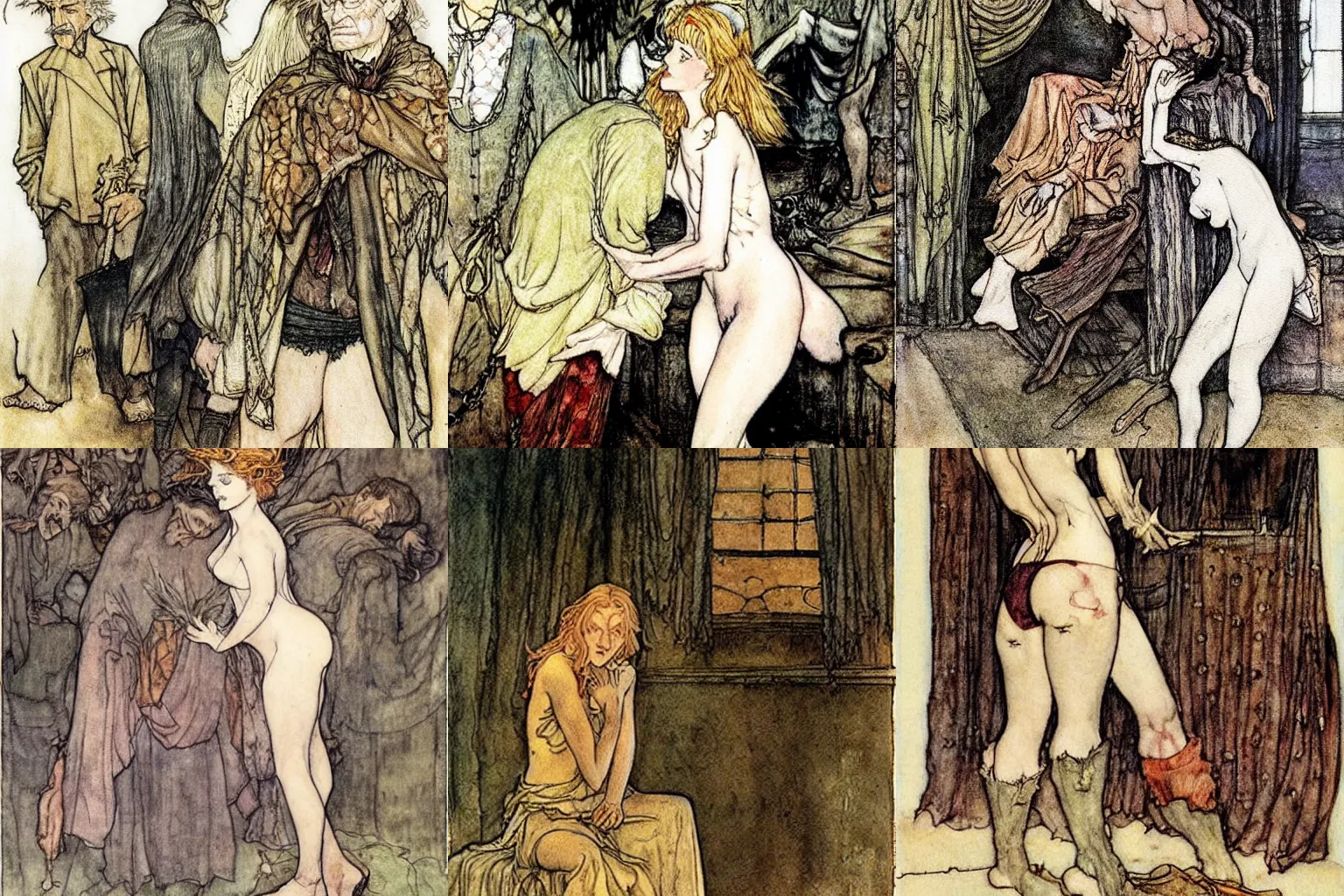 Prompt: shameless and ashamed. painting by arthur rackham and milo manara