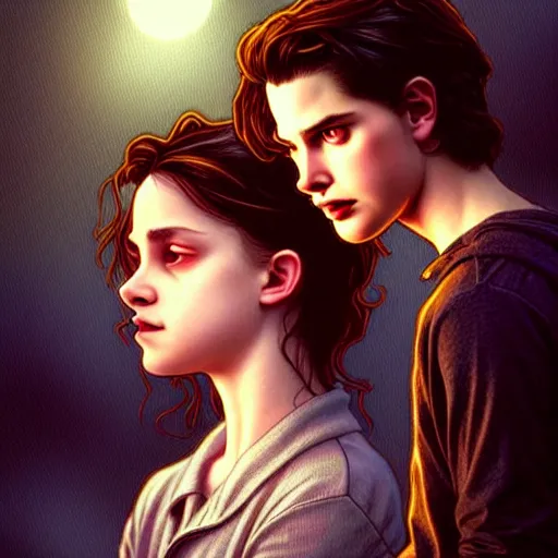 Image similar to Twilight version of Stranger Things, Portrait of Edward and Bella, diffuse lighting, fantasy, intricate, elegant, highly detailed, lifelike, photorealistic, digital painting, artstation, illustration, concept art, smooth, sharp focus, art by Krenz Cushart and Artem Demura and Alphonse Mucha