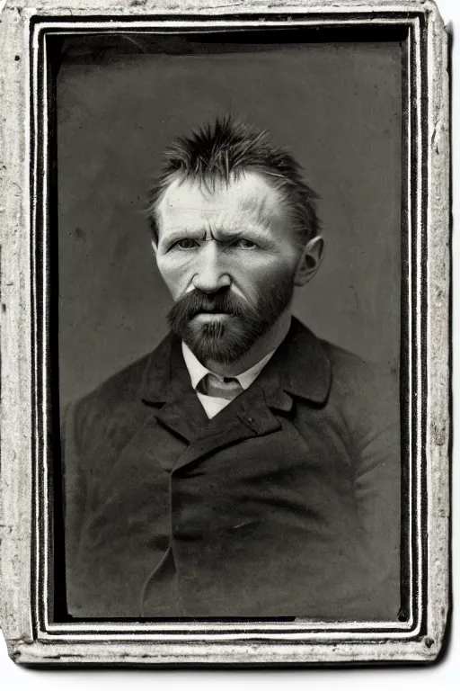 Prompt: a 1 8 7 0 dark, monochrome, glass negative, silver gelatine realistic, supersharp, supersharp, realistic, photographic daguerreotype portrait of vincent van gogh with cosed eyes, shallow depth of field