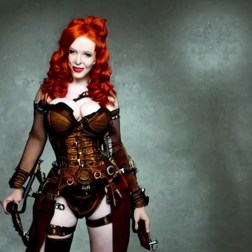 Image similar to full body photo of christina hendricks as a steampunk warrior, highly detailed, 4k