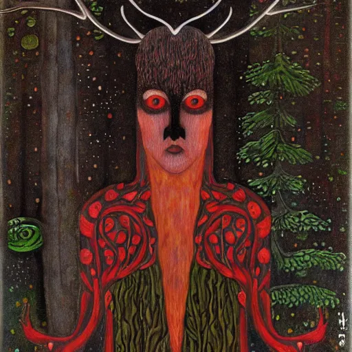 Image similar to A tall, dark forest god, with antlers, red eyes, forest, 3am, mist, moon, dark forest, red eyes in the style of Klimt