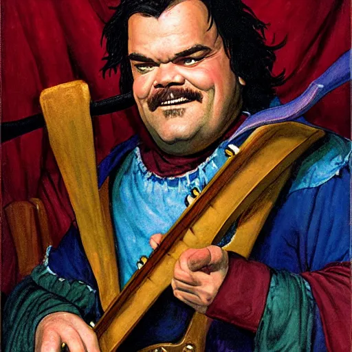 Prompt: D&D character portrait jack black as bard in a tavern playing a song but bad designed by Edwin Austin Abbey painted by john romita jr.