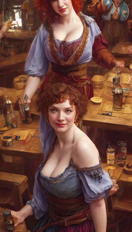 Image similar to young christina hendricks in a tavern, energetic, laughing, fit, warhammer, lord of the rings, sweaty, strong, intricate, highly detailed, digital painting, artstation, concept art, smooth, sharp focus, illustration, unreal engine 5, 8 k, art by artgerm and greg rutkowski and alphonse mucha