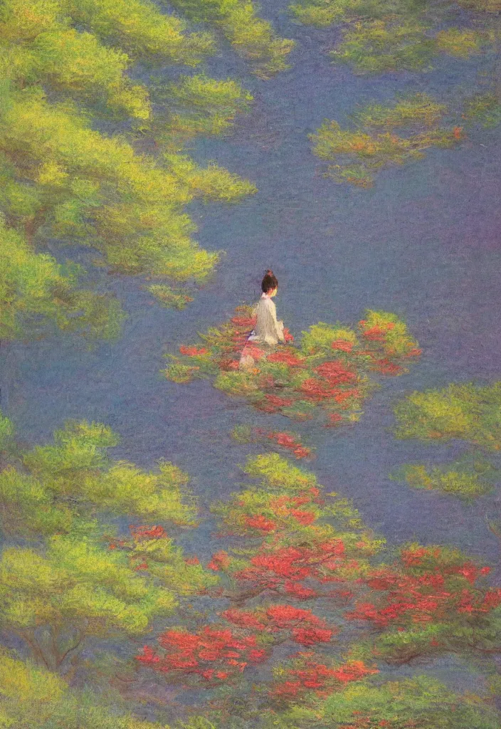 Image similar to tiny character in front of a beautiful japanese city in the mountain, amazing ryokans and gorgeous edo era houses. gorgeous epic nature, lofi, vivid colors, amazing light, by jeremy lipkin, by claude monet, heavily inspired by makoto shinkai, kandinsky touches, masterpiece, multiple brush strokes, impressionist style. divine