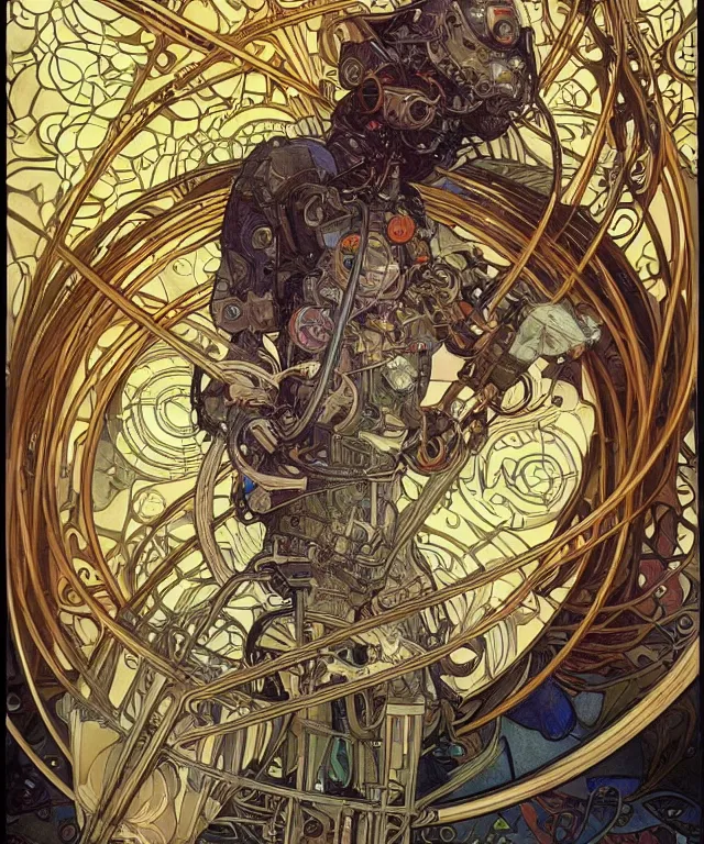 Image similar to realistic detailed portrait of a korgi! mecha cyberpunk! mage! by alphonse mucha and charlie bowater and art germ, rule of thirds, golden ratio, art nouveau! cyberpunk! style, mechanical accents!, mecha plate armor, glowing leds, flowing wires with leaves, art nouveau accents, art nouveau patterns and geometry, rich deep moody colors