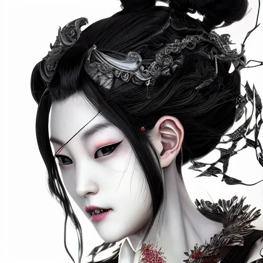 Image similar to the portrait of the japanese beauty evil alignment personified as an absurdly beautiful, graceful, elegant, sophisticated, young woman, an ultrafine hyperdetailed illustration by kim jung gi, irakli nadar, intricate linework, bright colors, octopath traveler, final fantasy, unreal engine 5 highly rendered, global illumination, radiant light, detailed and intricate environment